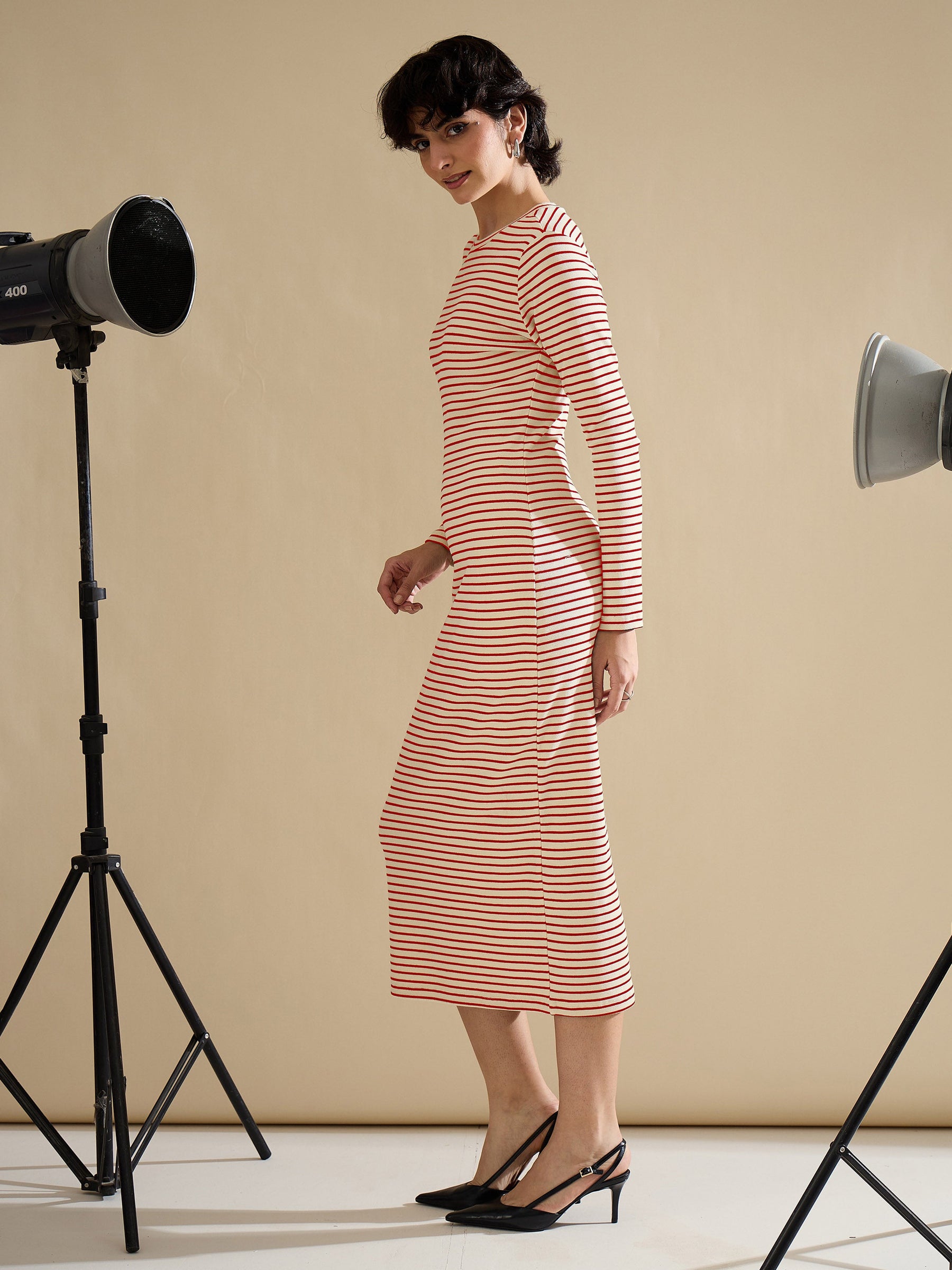 Red & Beige Striped Rib Bodycon Midi Dress-SASSAFRAS
