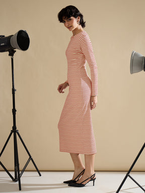 Red & Beige Striped Rib Bodycon Midi Dress-SASSAFRAS