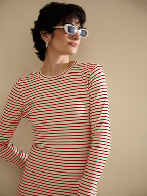 Red & Beige Striped Rib Bodycon Midi Dress-SASSAFRAS
