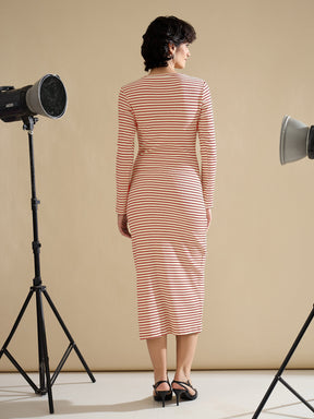 Red & Beige Striped Rib Bodycon Midi Dress-SASSAFRAS