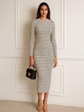 Black & Off-White Striped Rib Bodycon Midi Dress-SASSAFRAS