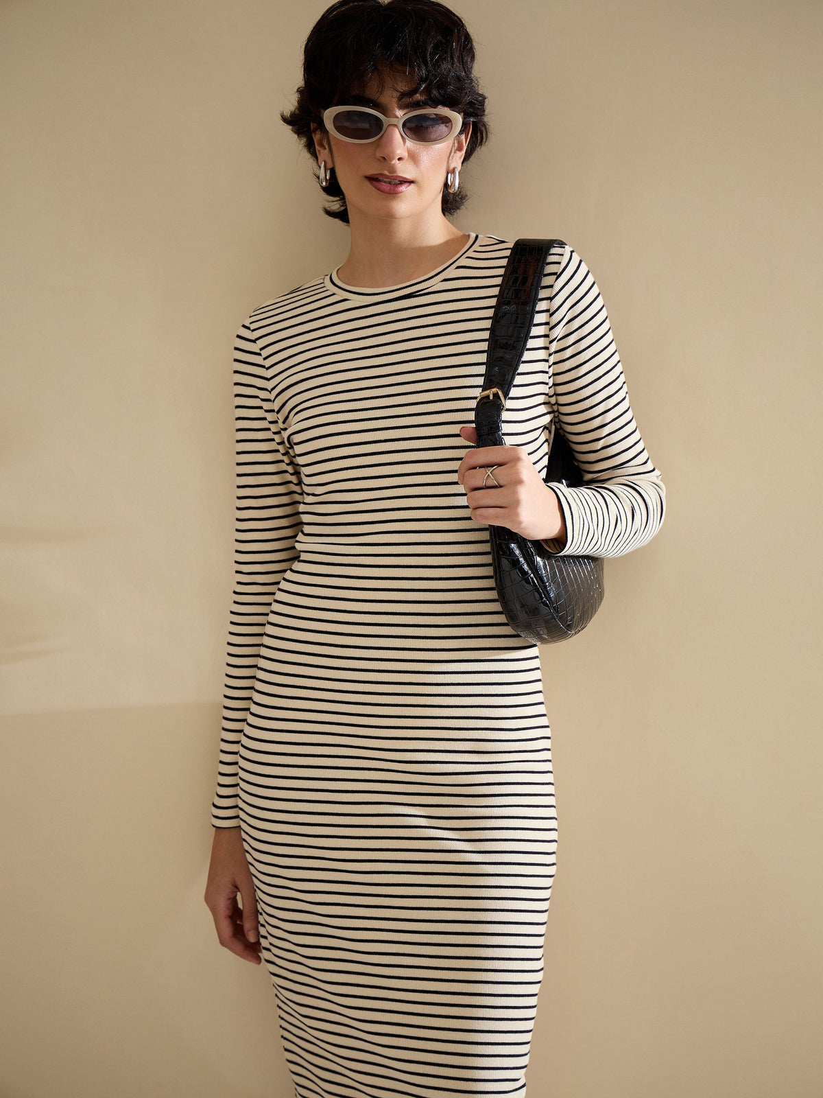 Black & Off-White Striped Rib Bodycon Midi Dress-SASSAFRAS