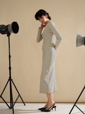 Black & Off-White Striped Rib Bodycon Midi Dress-SASSAFRAS