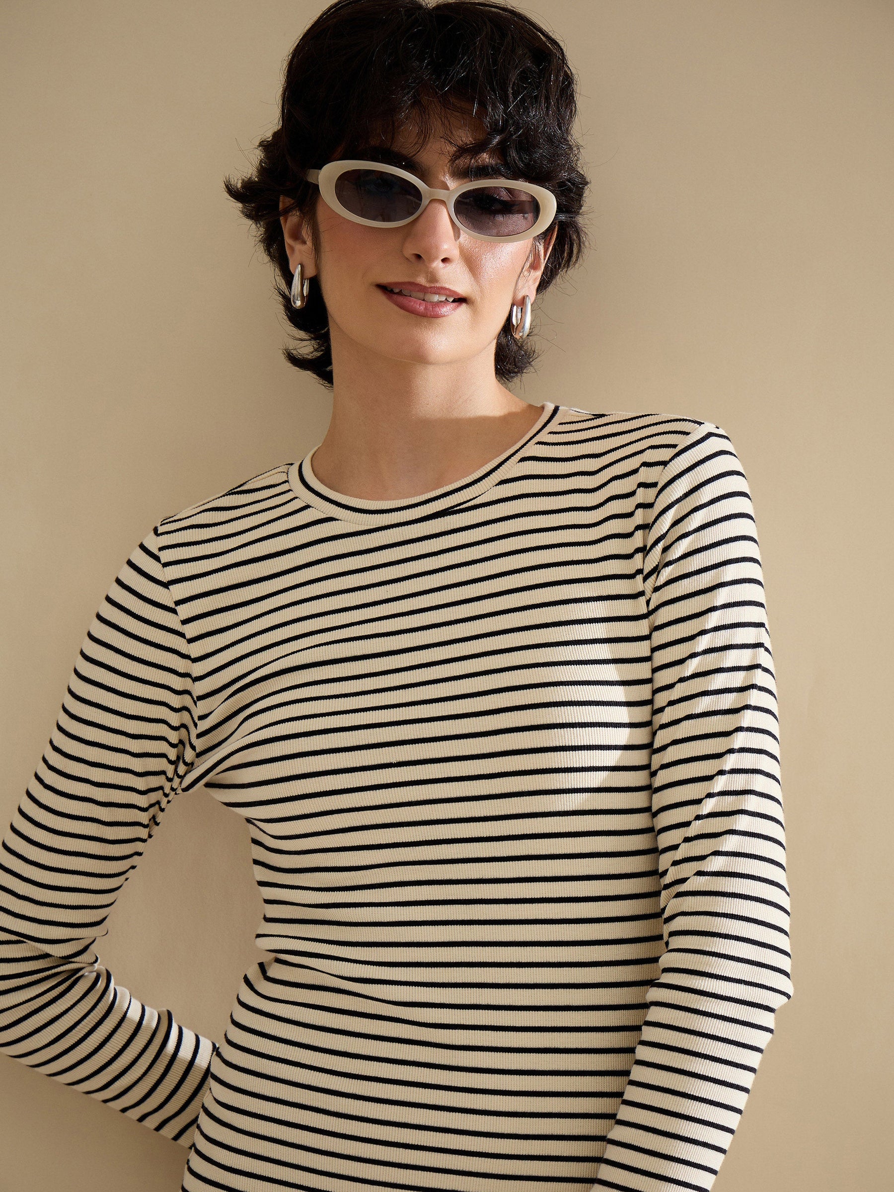 Black & Off-White Striped Rib Bodycon Midi Dress-SASSAFRAS