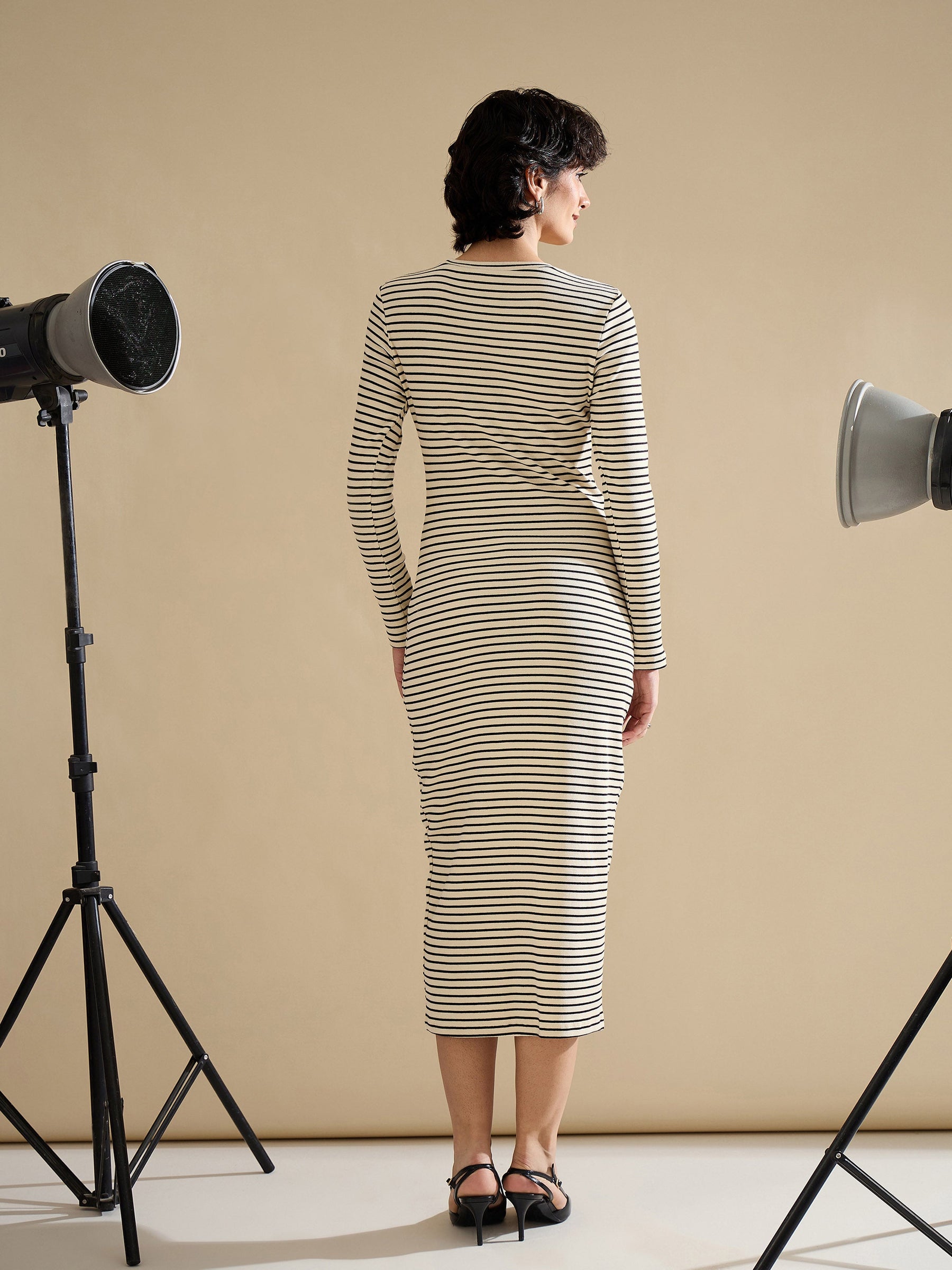 Black & Off-White Striped Rib Bodycon Midi Dress-SASSAFRAS