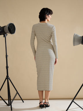 Black & Off-White Striped Rib Bodycon Midi Dress-SASSAFRAS