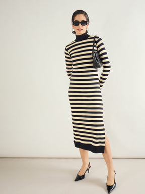 Black & Off-White Striped High Neck Midi Dress-SASSAFRAS