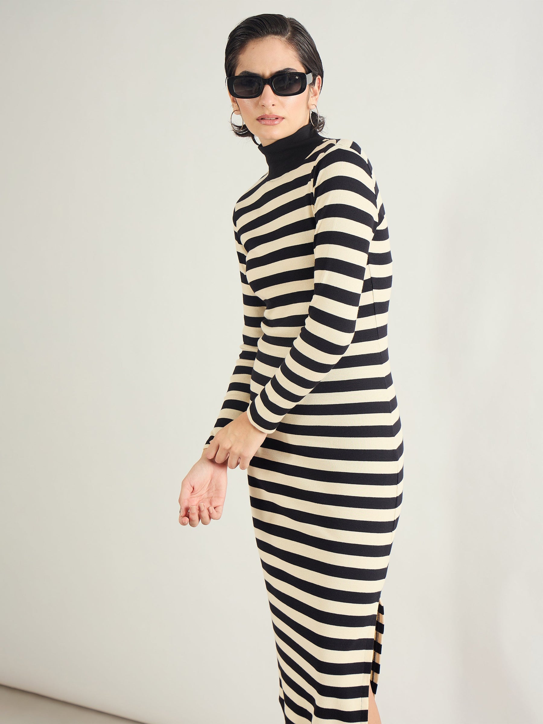 Black & Off-White Striped High Neck Midi Dress-SASSAFRAS