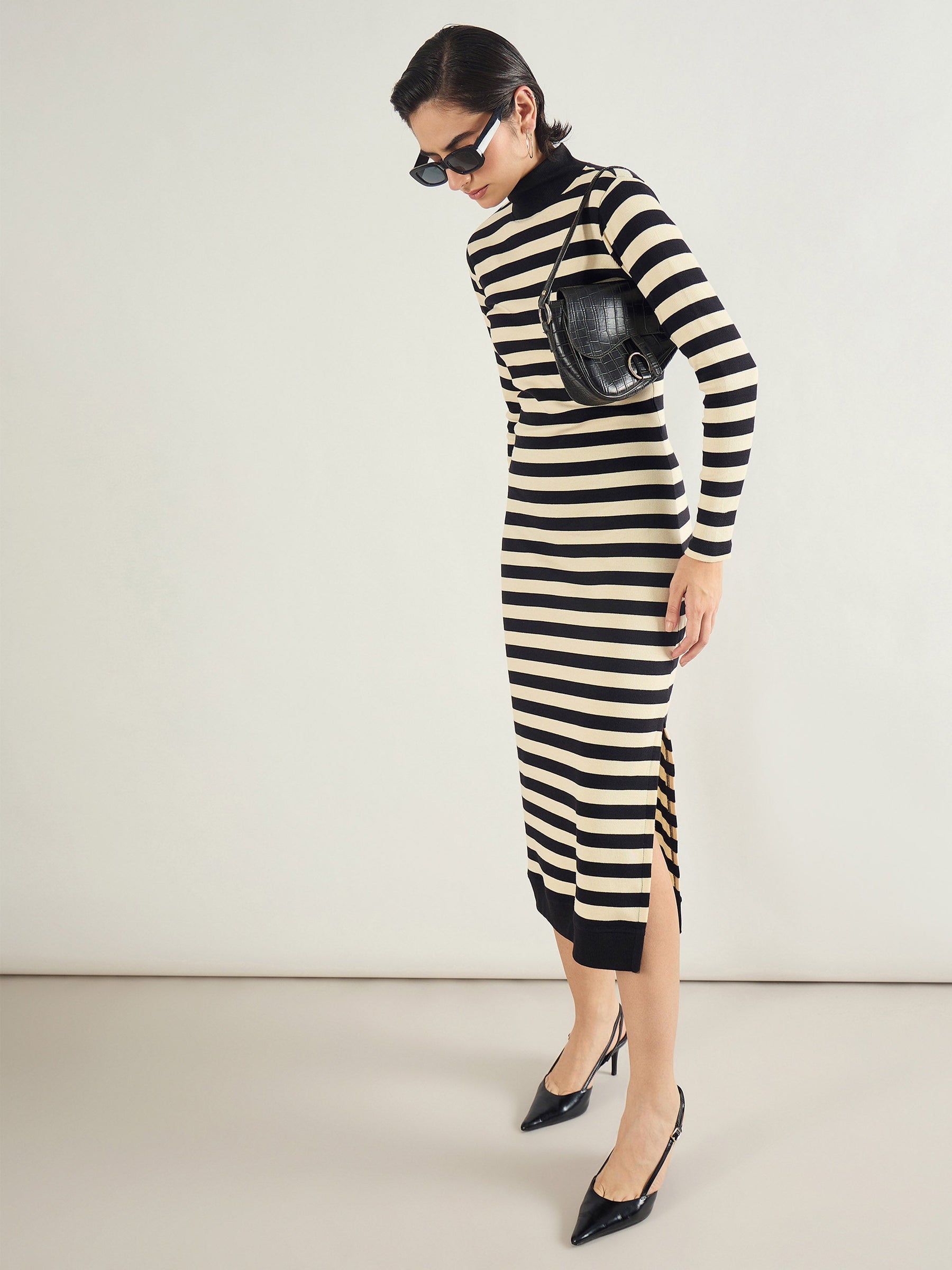 Black & Off-White Striped High Neck Midi Dress-SASSAFRAS