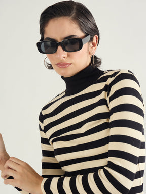 Black & Off-White Striped High Neck Midi Dress-SASSAFRAS