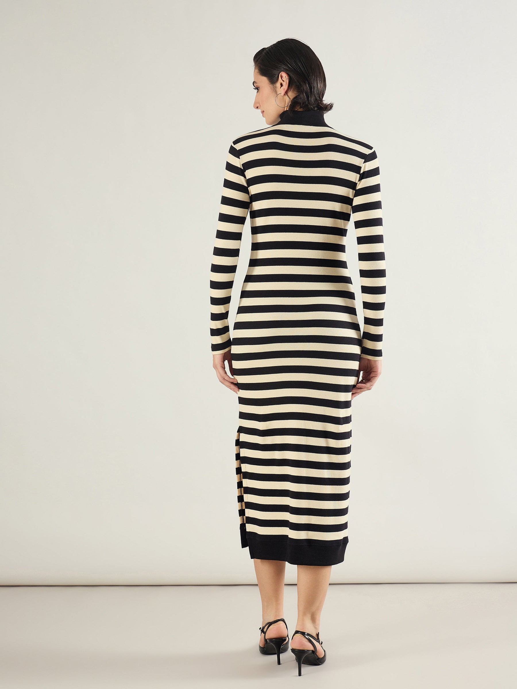 Black & Off-White Striped High Neck Midi Dress-SASSAFRAS
