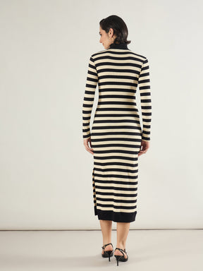 Black & Off-White Striped High Neck Midi Dress-SASSAFRAS