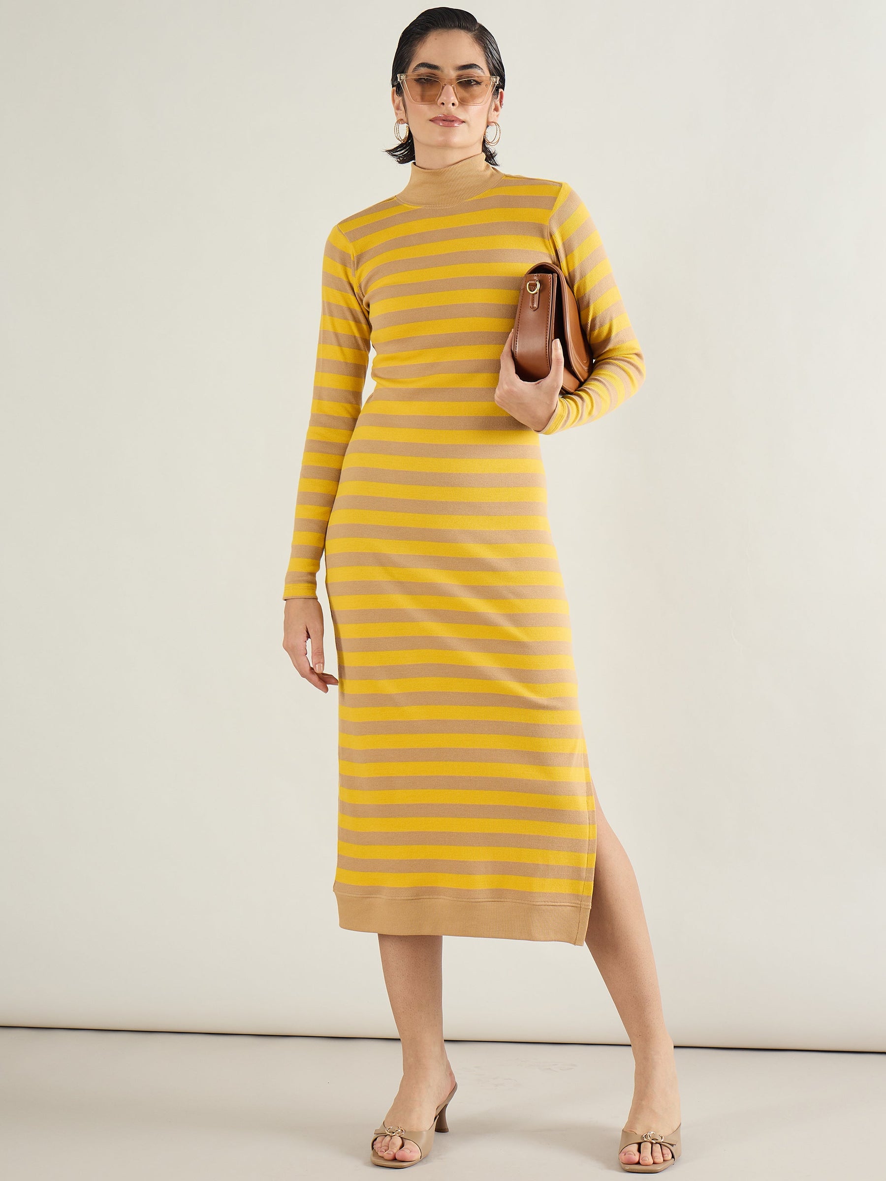 Brown & Yellow Striped High Neck Midi Dress-SASSAFRAS