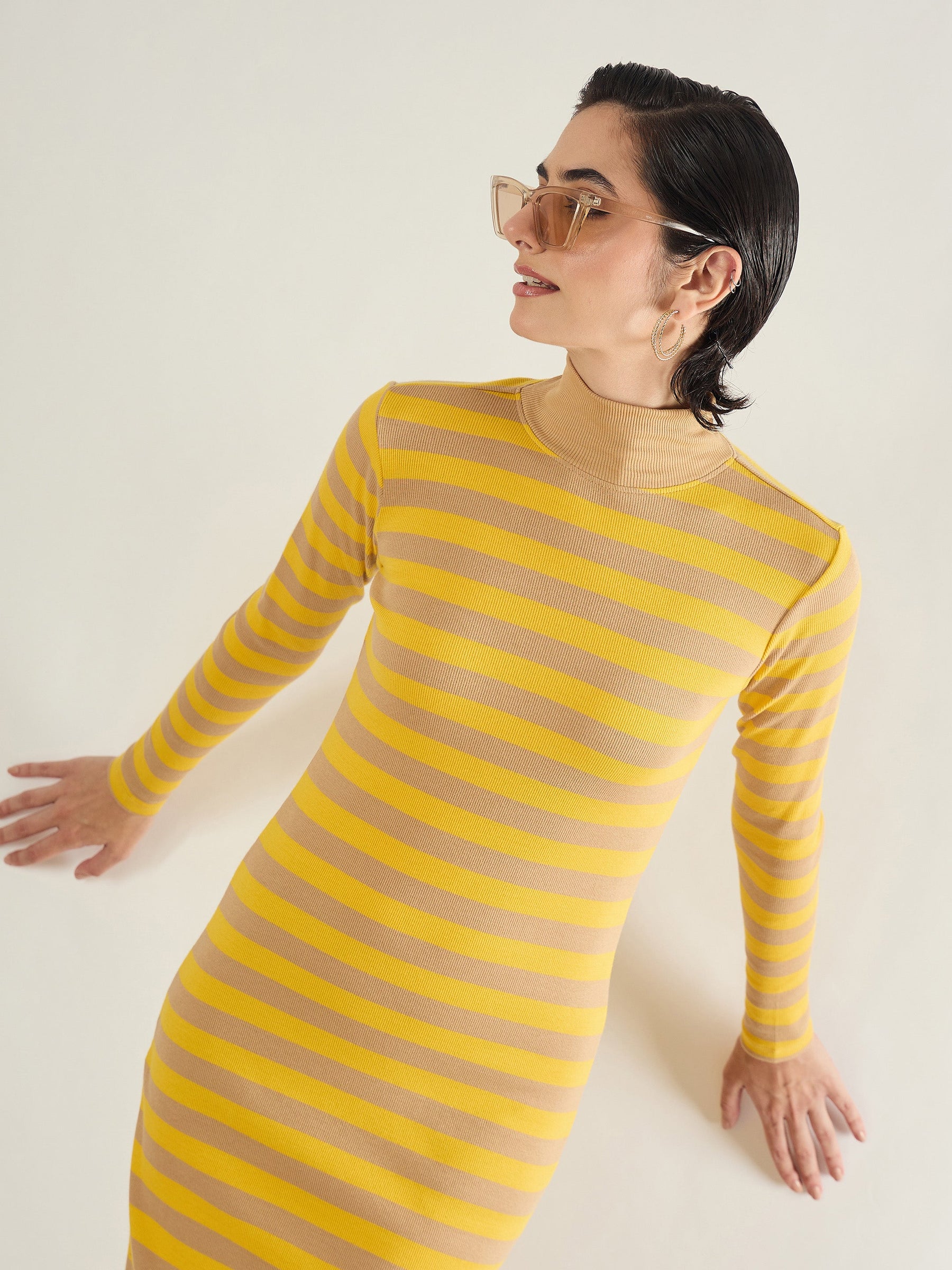 Brown & Yellow Striped High Neck Midi Dress-SASSAFRAS