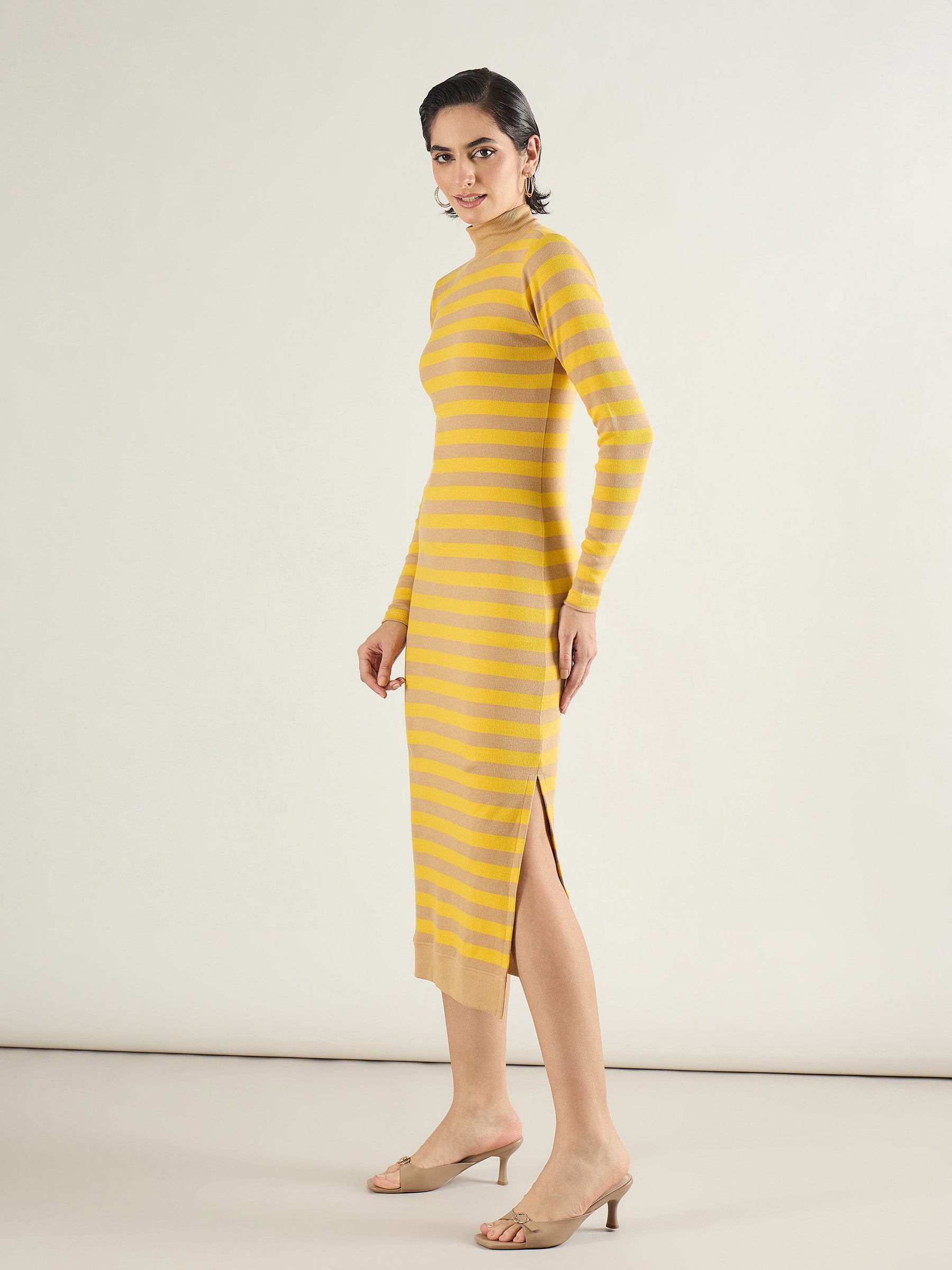 Brown & Yellow Striped High Neck Midi Dress-SASSAFRAS
