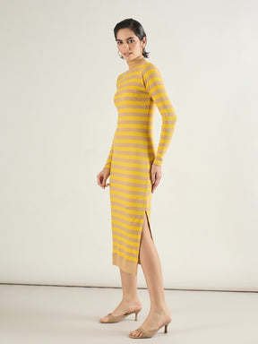 Brown & Yellow Striped High Neck Midi Dress-SASSAFRAS