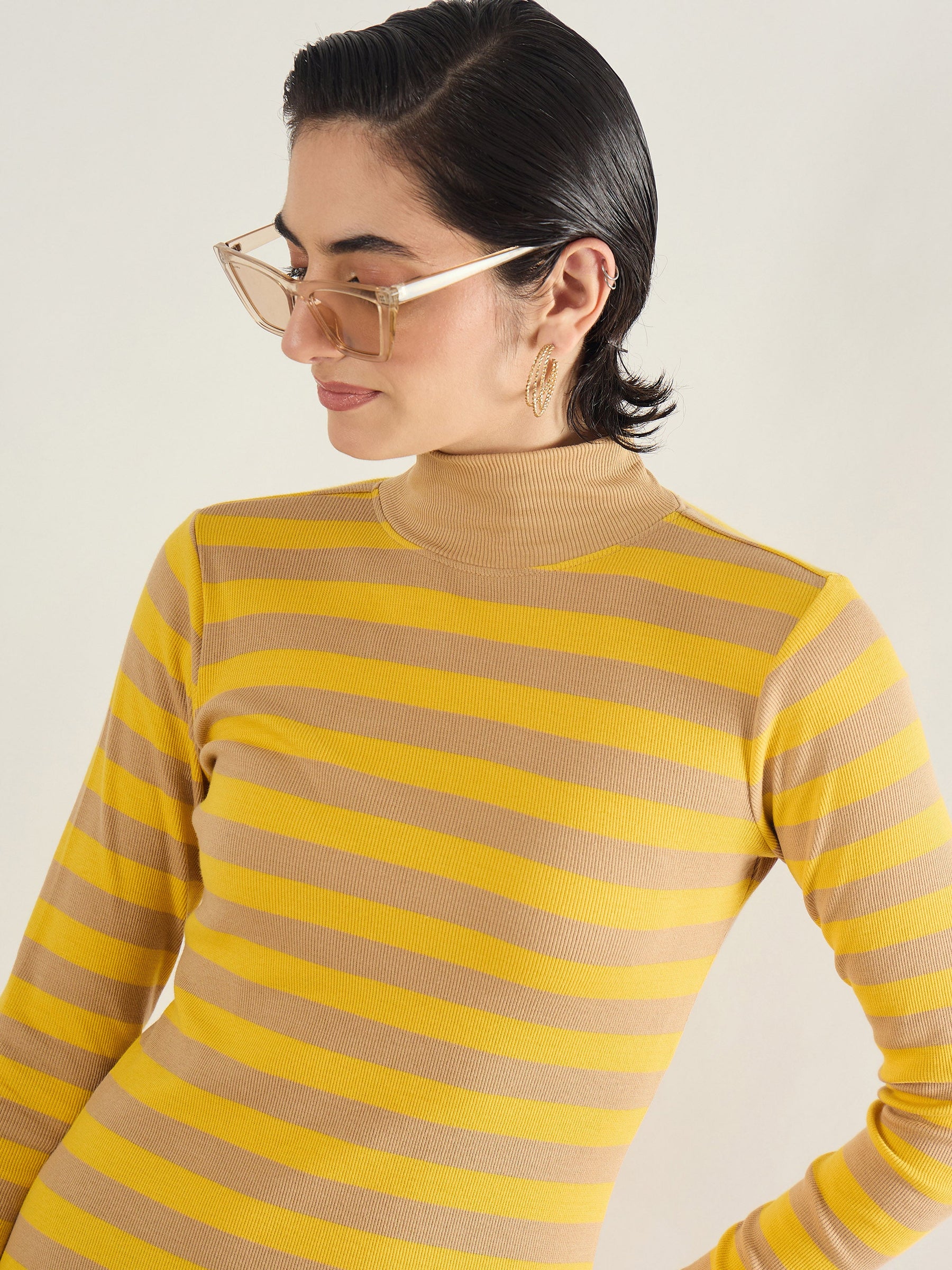 Brown & Yellow Striped High Neck Midi Dress-SASSAFRAS