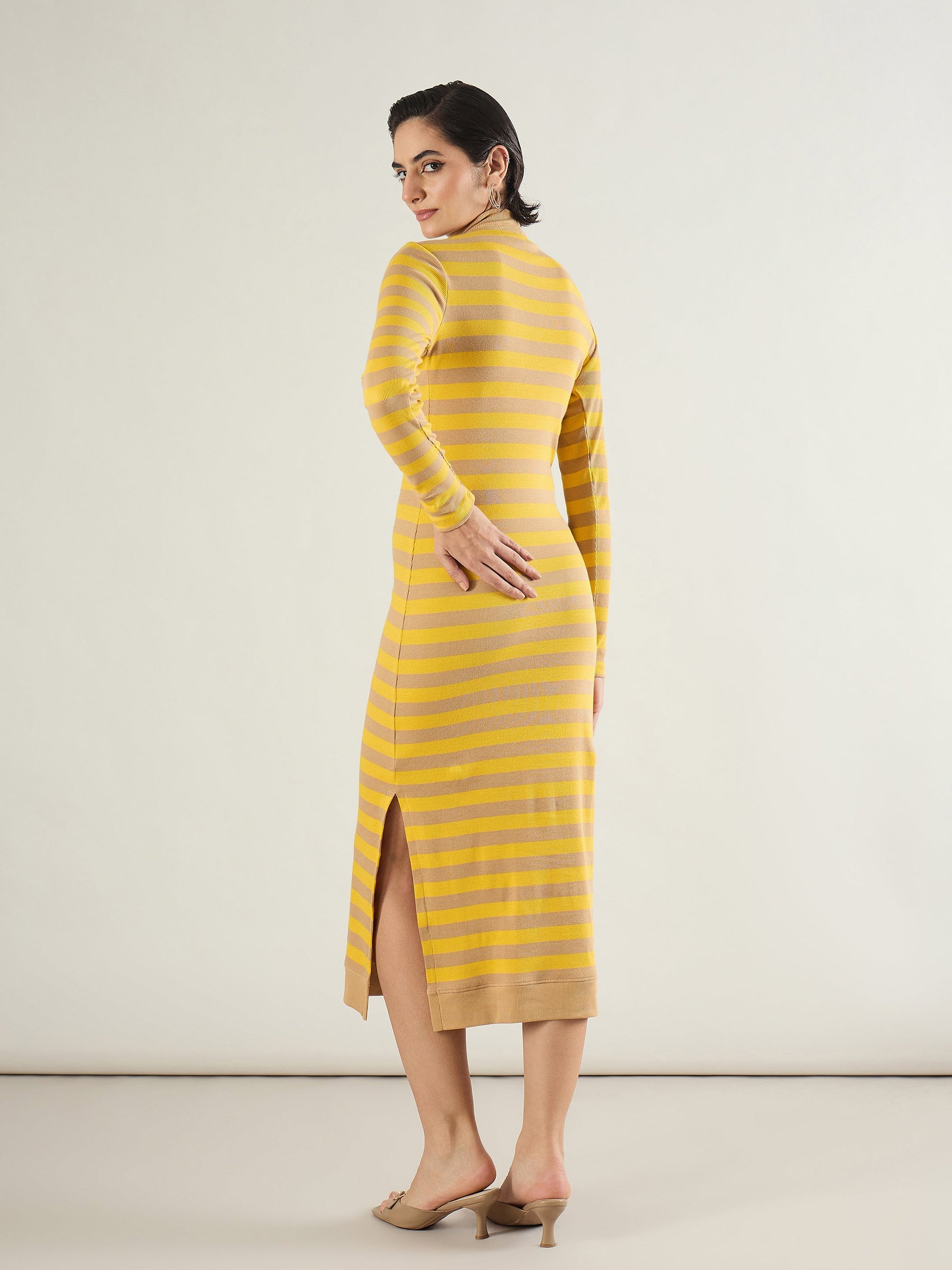 Brown & Yellow Striped High Neck Midi Dress-SASSAFRAS