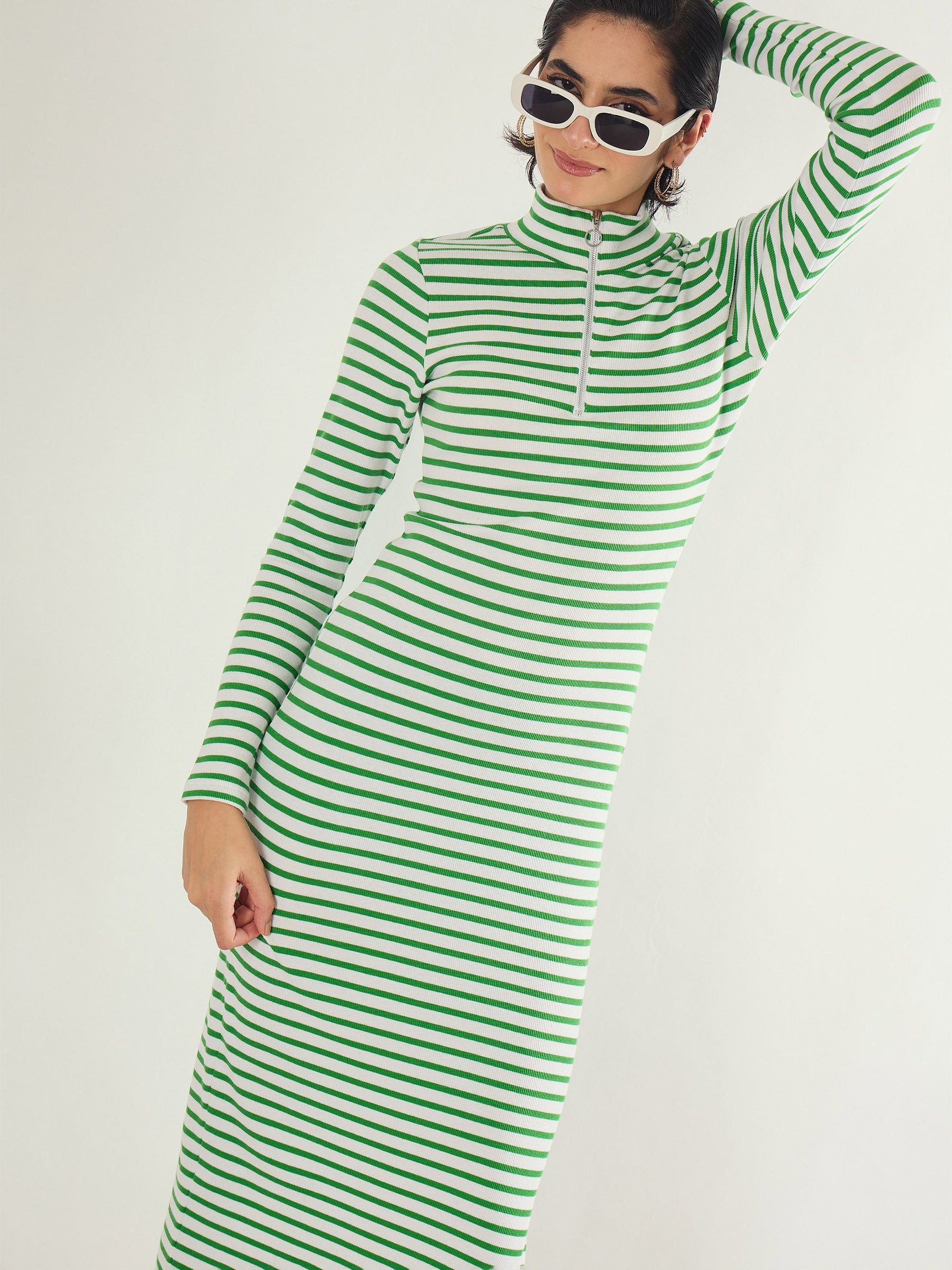 Green & White Rib High Neck Front Zipper Dress-SASSAFRAS