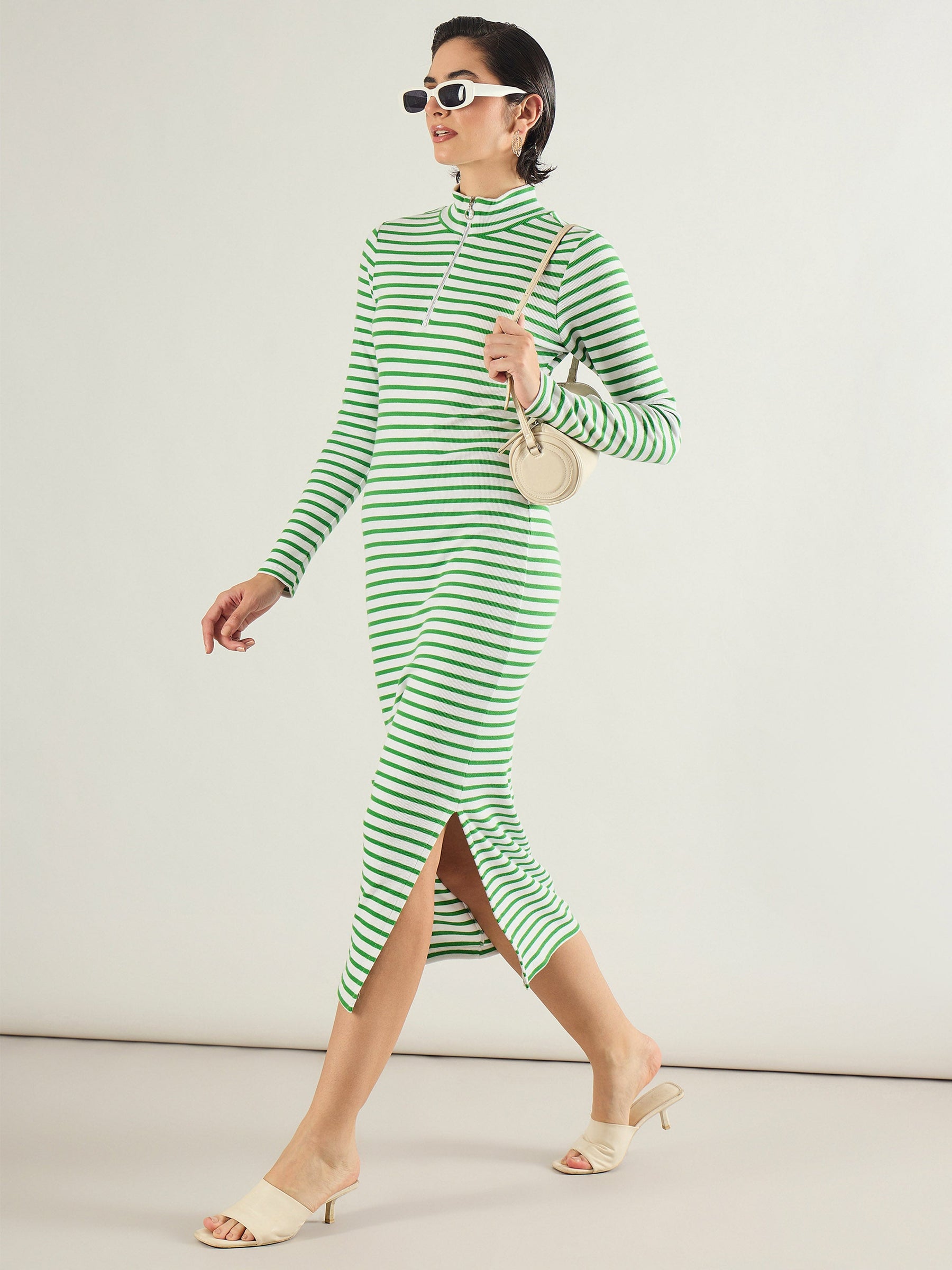 Green & White Rib High Neck Front Zipper Dress-SASSAFRAS