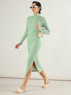 Green & White Rib High Neck Front Zipper Dress-SASSAFRAS
