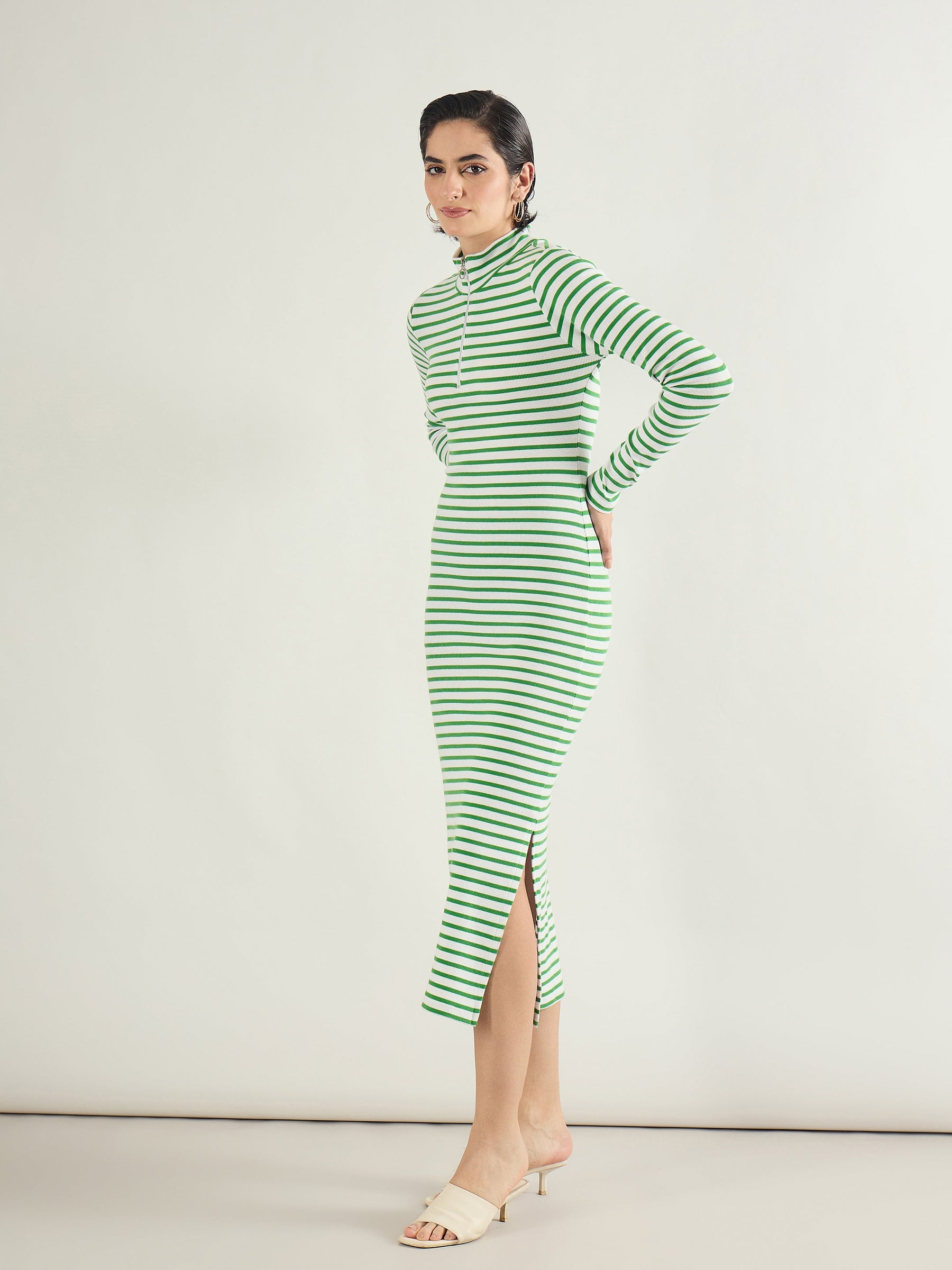 Green & White Rib High Neck Front Zipper Dress-SASSAFRAS