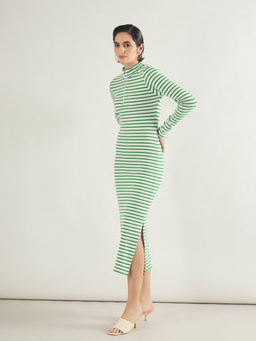 Green & White Rib High Neck Front Zipper Dress-SASSAFRAS