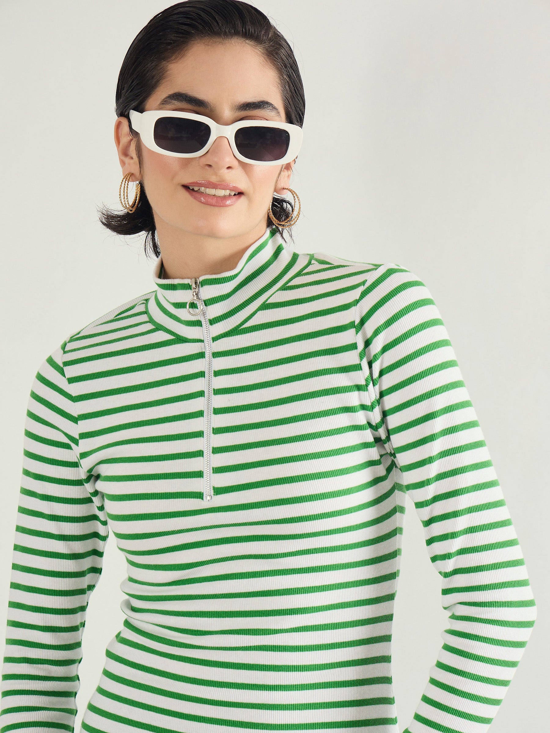 Green & White Rib High Neck Front Zipper Dress-SASSAFRAS