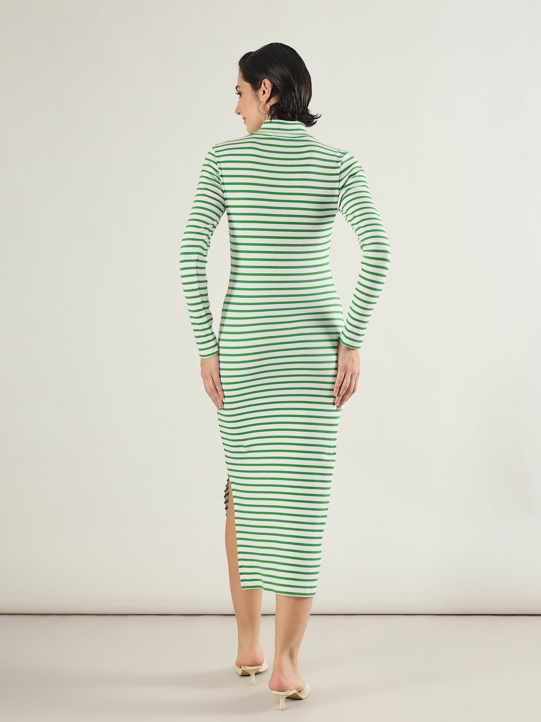 Green & White Rib High Neck Front Zipper Dress-SASSAFRAS
