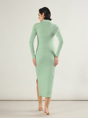 Green & White Rib High Neck Front Zipper Dress-SASSAFRAS