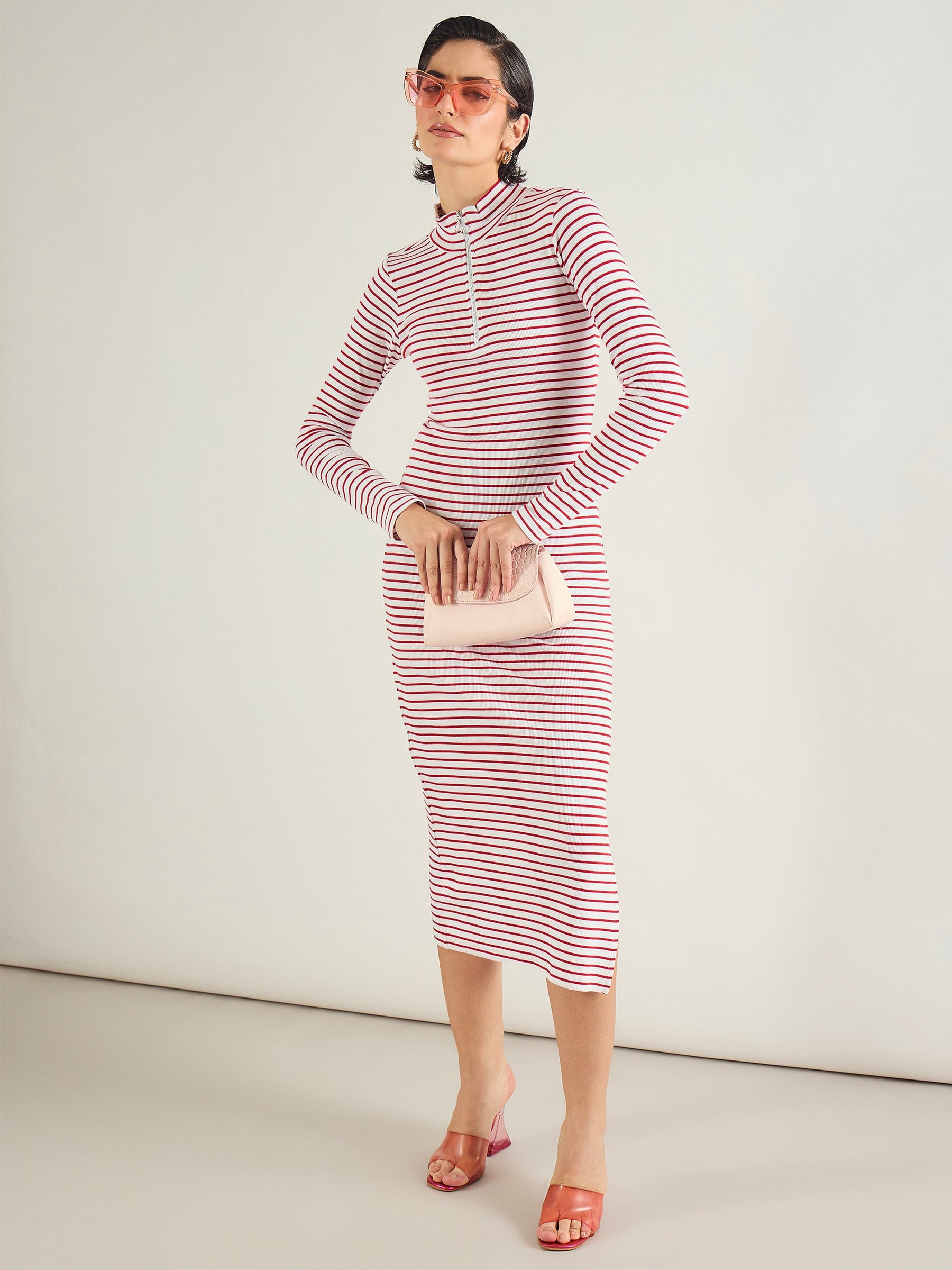 Red & White Rib High Neck Front Zipper Dress-SASSAFRAS