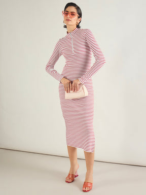 Red & White Rib High Neck Front Zipper Dress-SASSAFRAS