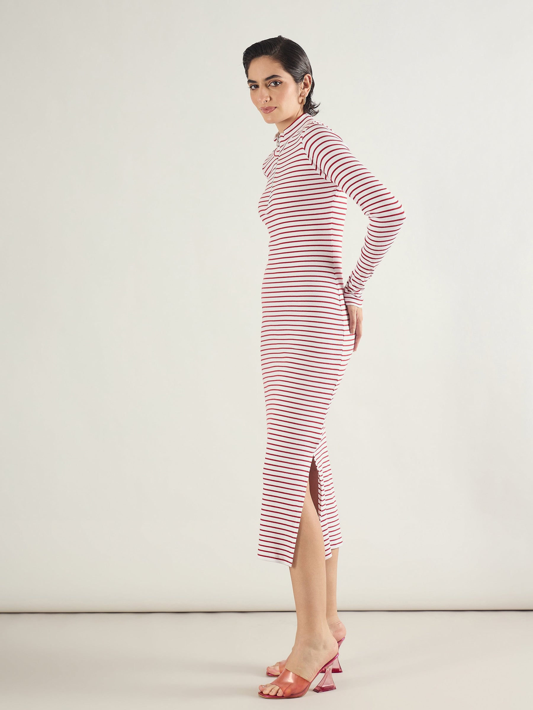 Red & White Rib High Neck Front Zipper Dress-SASSAFRAS