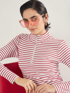 Red & White Rib High Neck Front Zipper Dress-SASSAFRAS