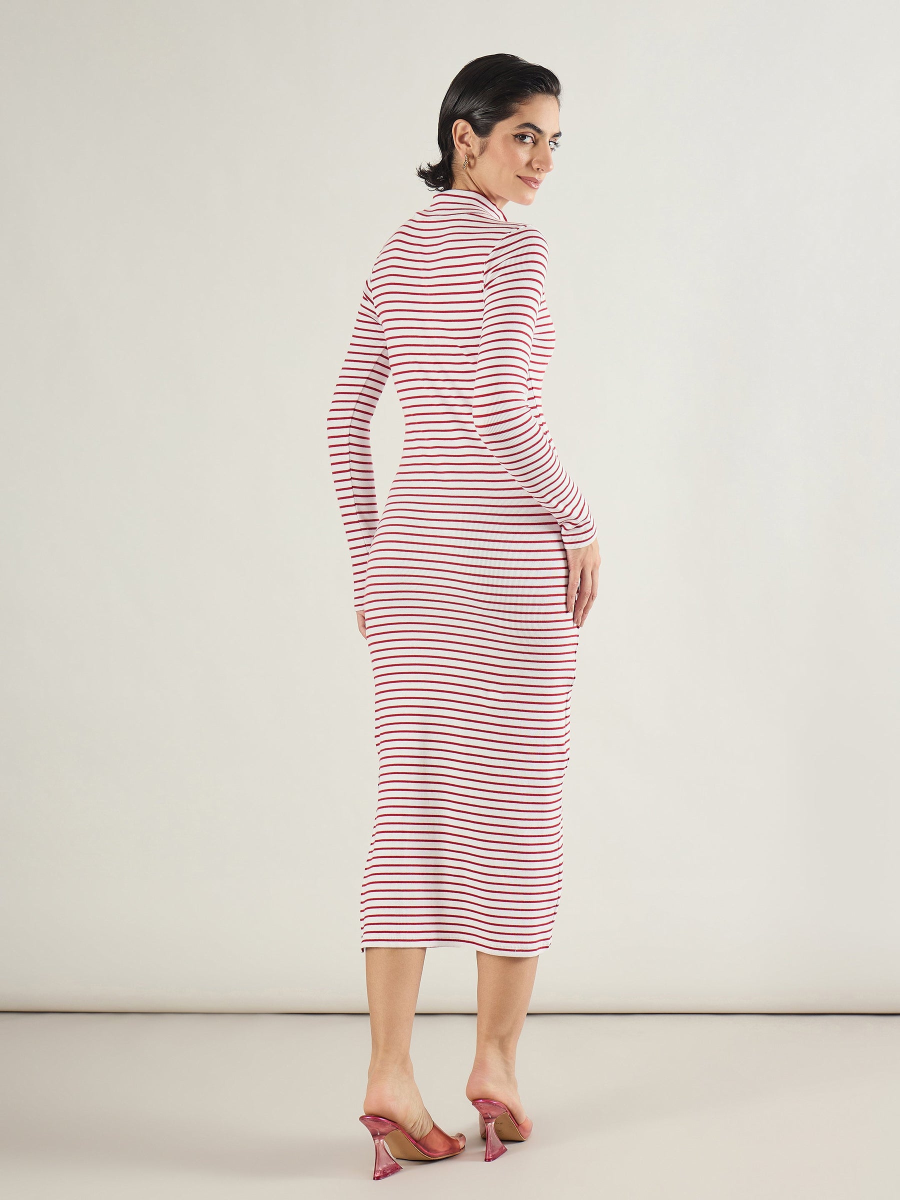 Red & White Rib High Neck Front Zipper Dress-SASSAFRAS