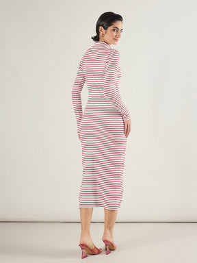 Red & White Rib High Neck Front Zipper Dress-SASSAFRAS