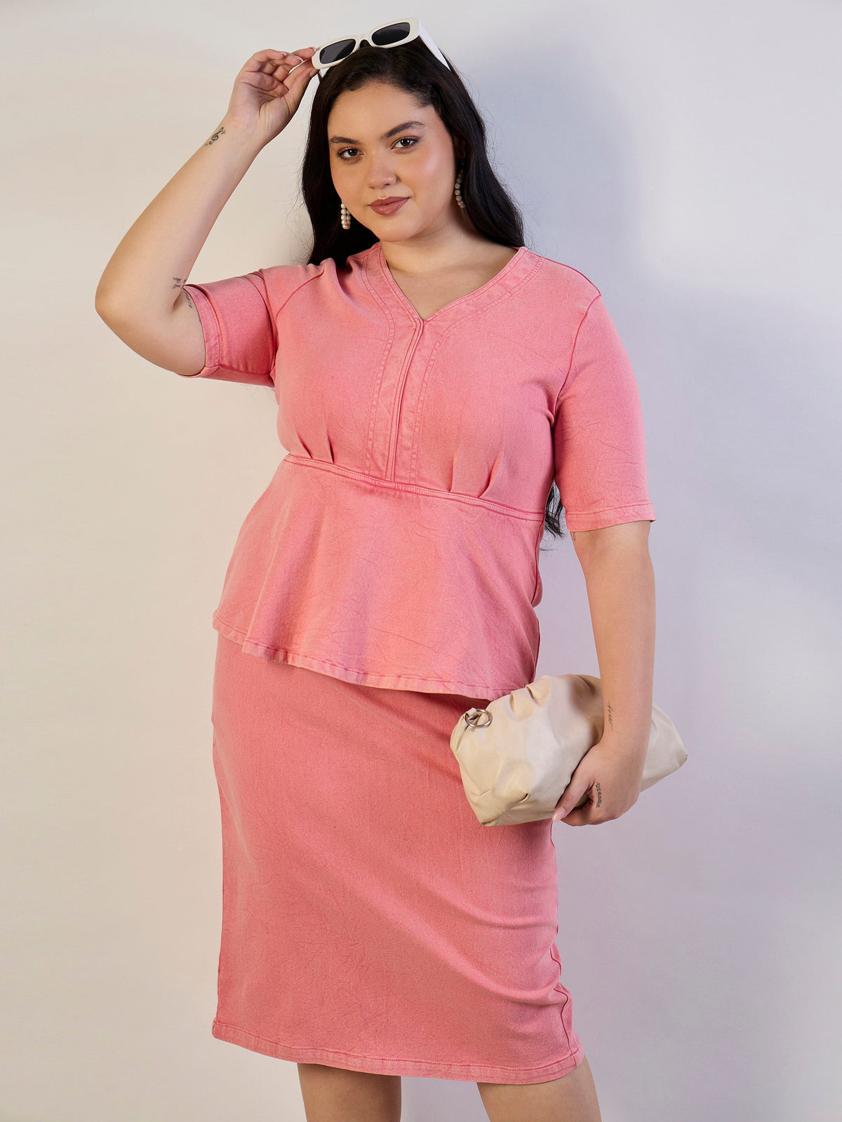 Pink Wash Denim V-Neck Peplum Dress-SASSAFRAS CURVE