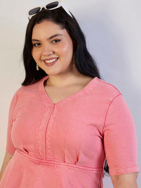 Pink Wash Denim V-Neck Peplum Dress-SASSAFRAS CURVE