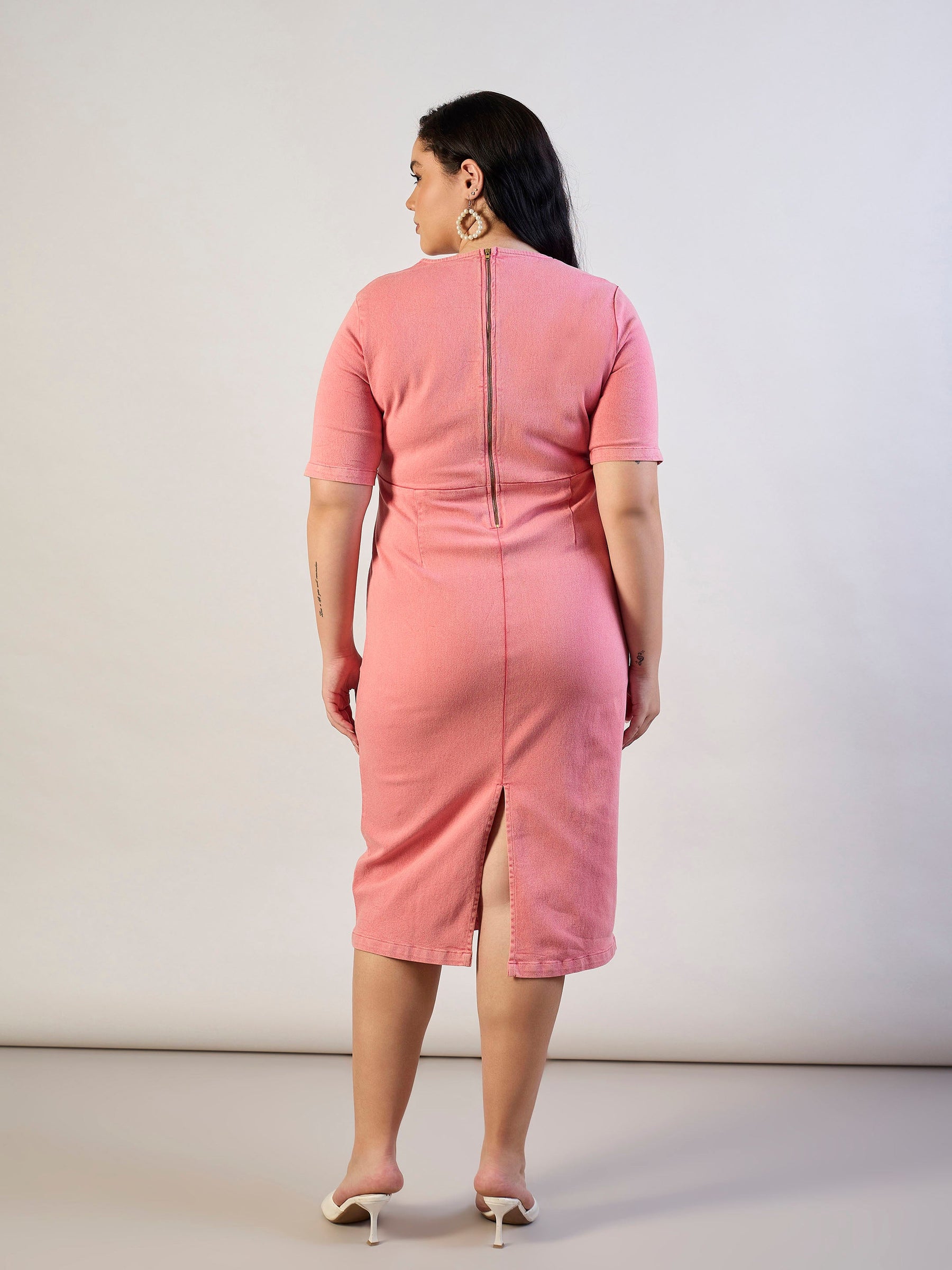 Pink Wash Denim V-Neck Peplum Dress-SASSAFRAS CURVE