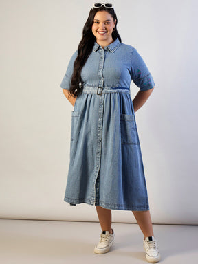 Ice Blue Tencel Front Button Midi Dress-SASSAFRAS CURVE