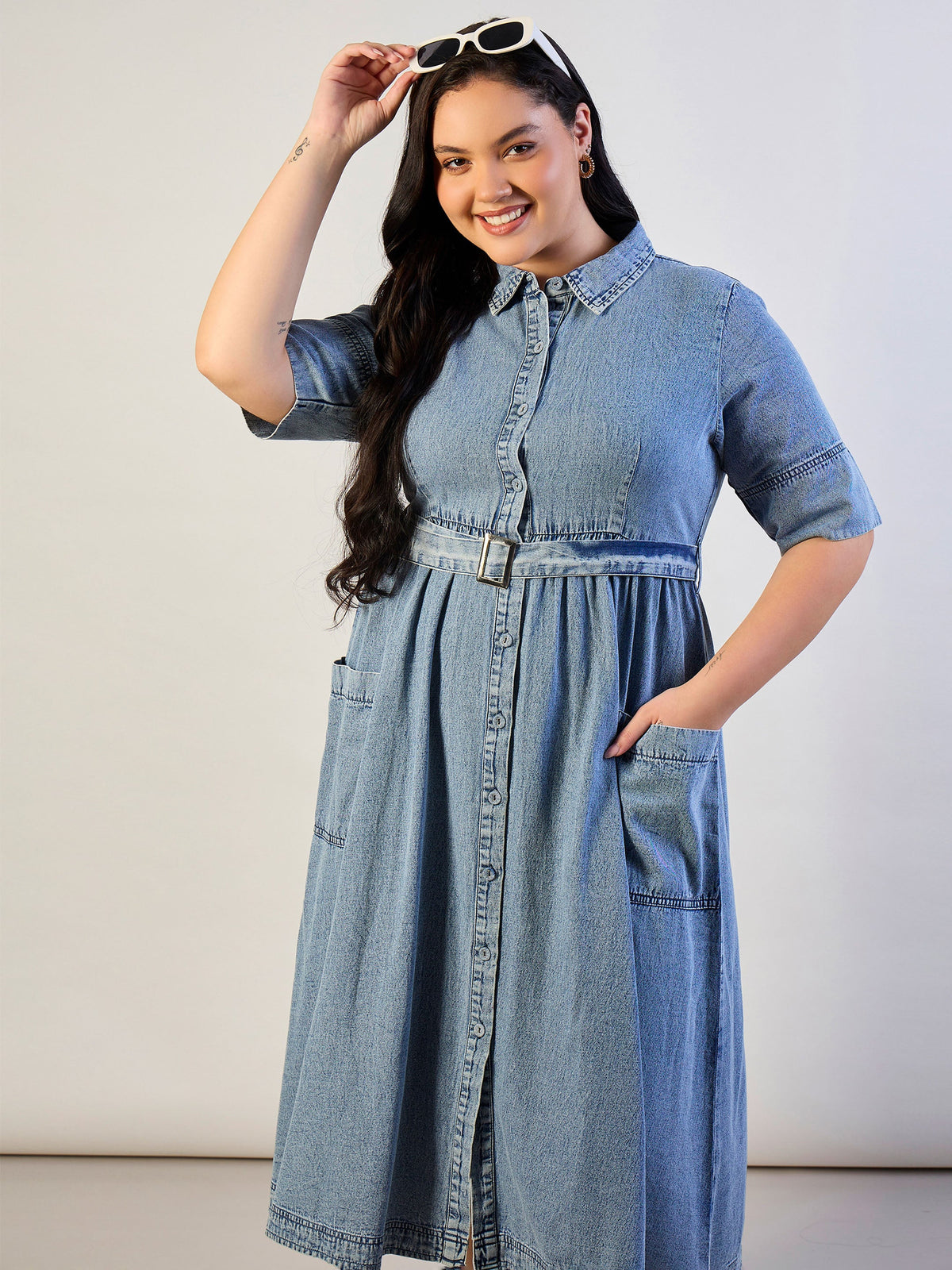 Ice Blue Tencel Front Button Midi Dress-SASSAFRAS CURVE