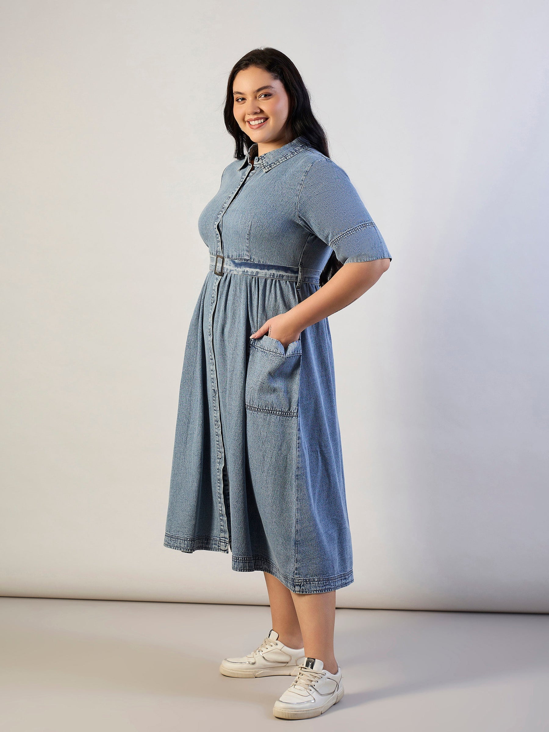 Ice Blue Tencel Front Button Midi Dress-SASSAFRAS CURVE