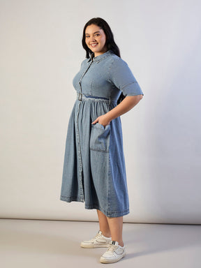 Ice Blue Tencel Front Button Midi Dress-SASSAFRAS CURVE