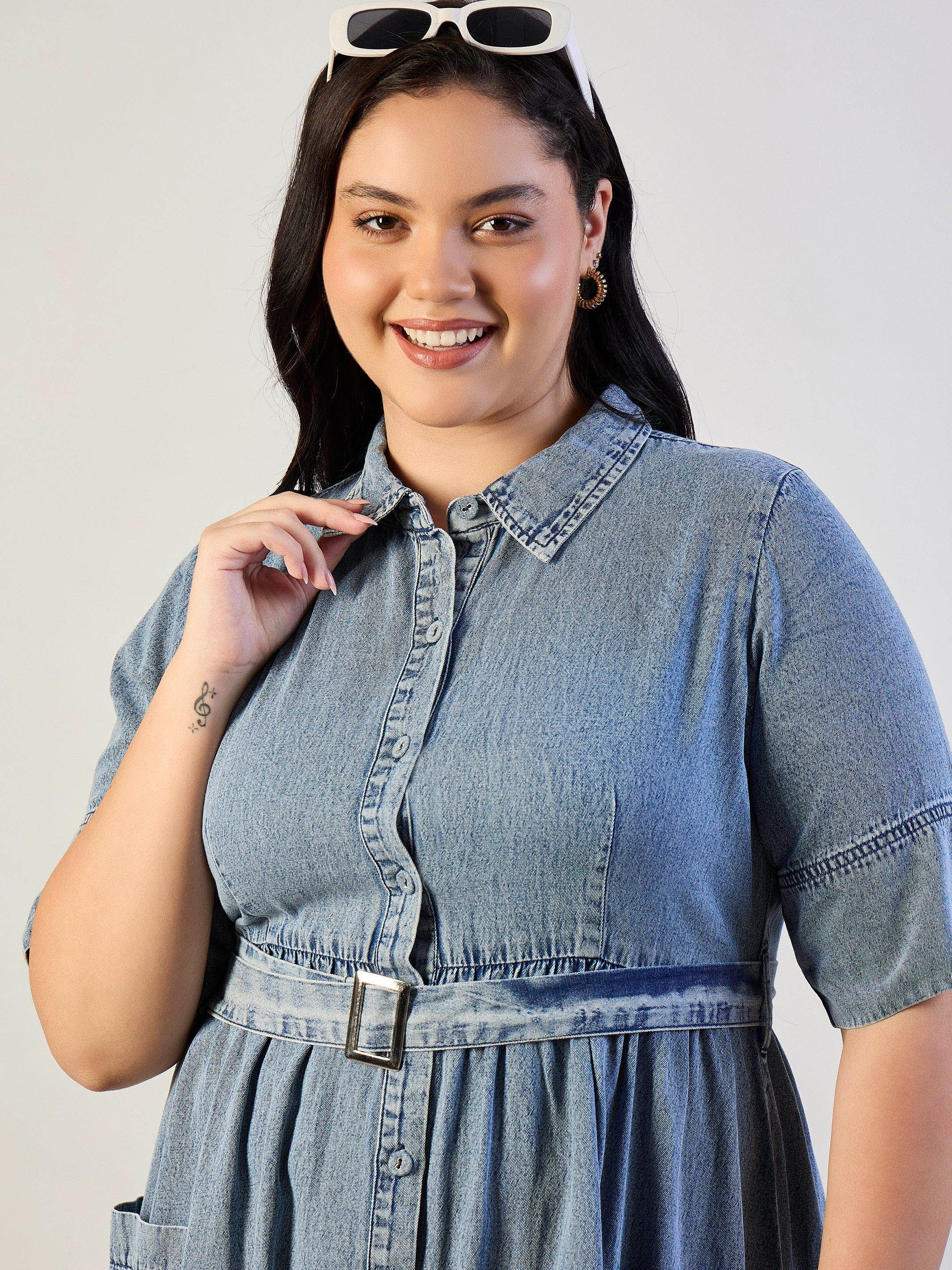 Ice Blue Tencel Front Button Midi Dress-SASSAFRAS CURVE