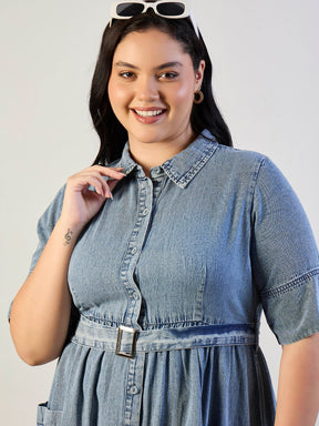 Ice Blue Tencel Front Button Midi Dress-SASSAFRAS CURVE