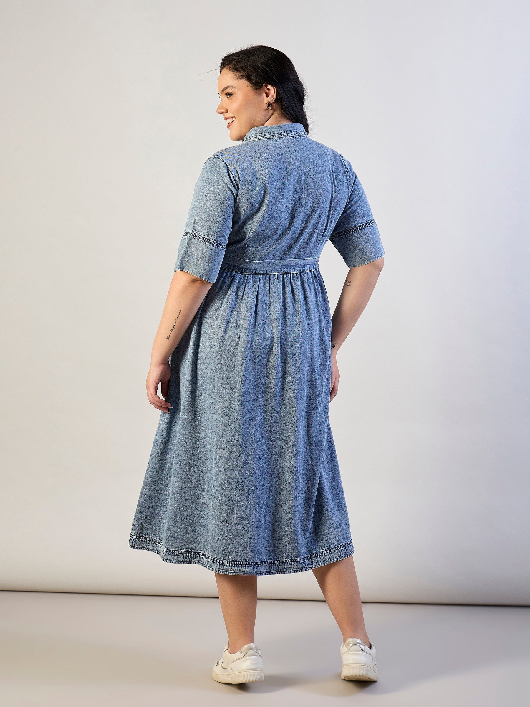 Ice Blue Tencel Front Button Midi Dress-SASSAFRAS CURVE