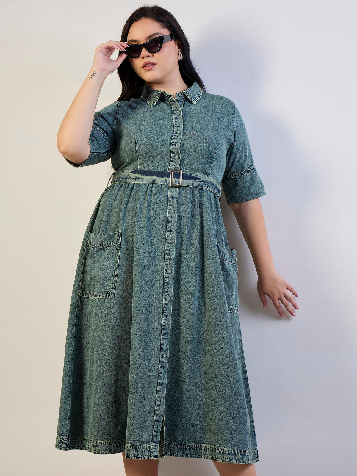 Olive Tencel Front Button Midi Dress-SASSAFRAS CURVE