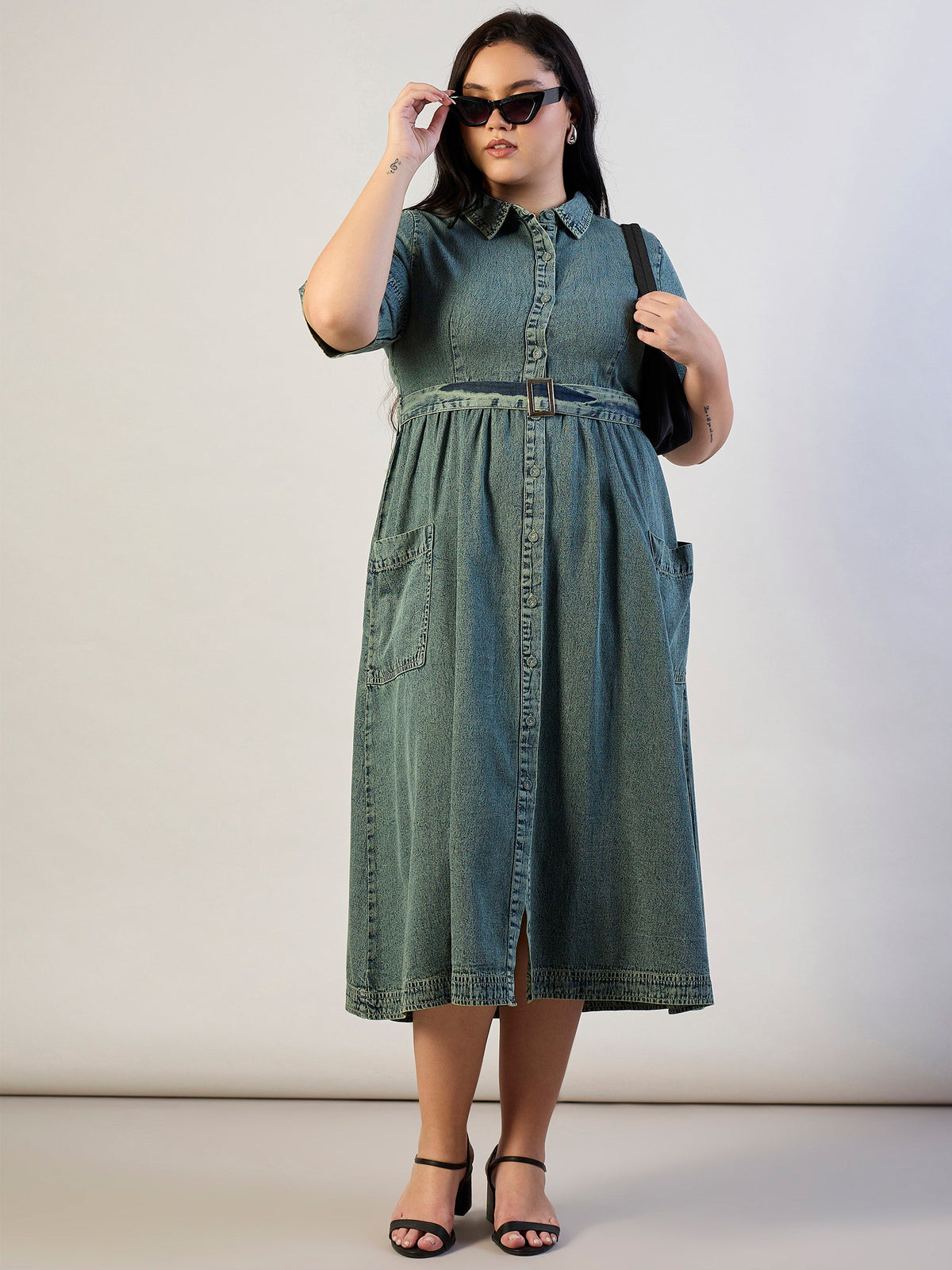 Olive Tencel Front Button Midi Dress-SASSAFRAS CURVE