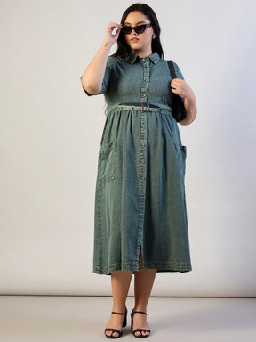 Olive Tencel Front Button Midi Dress-SASSAFRAS CURVE