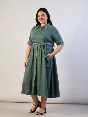Olive Tencel Front Button Midi Dress-SASSAFRAS CURVE